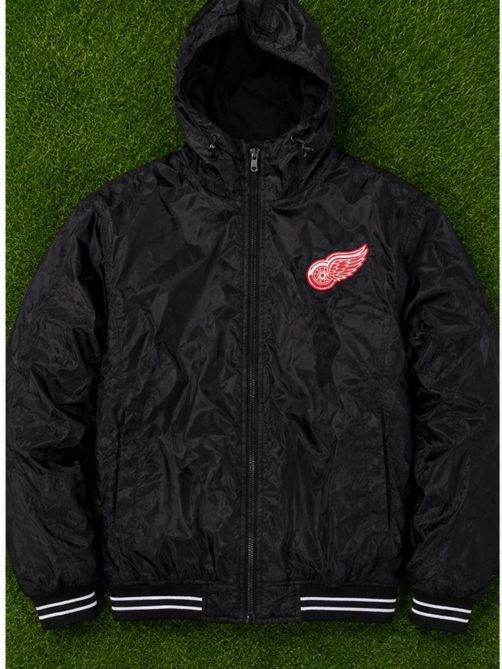 Men's Black Hooded Bomber Jacket with Red Wing Patch